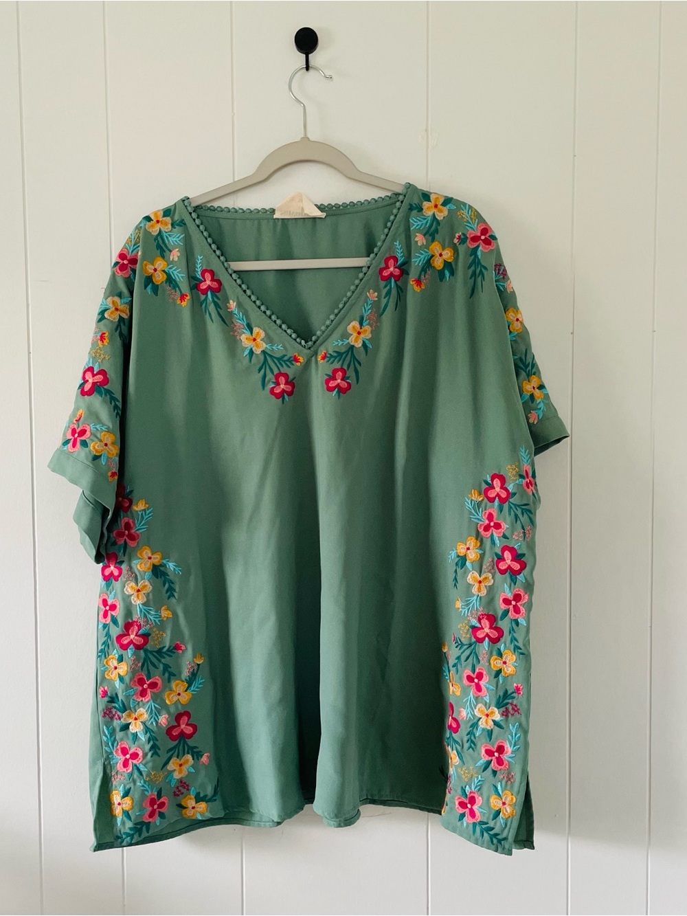 Savanna Jane Green V-Neck Blouse with Pink and Yellow Floral Embroidery